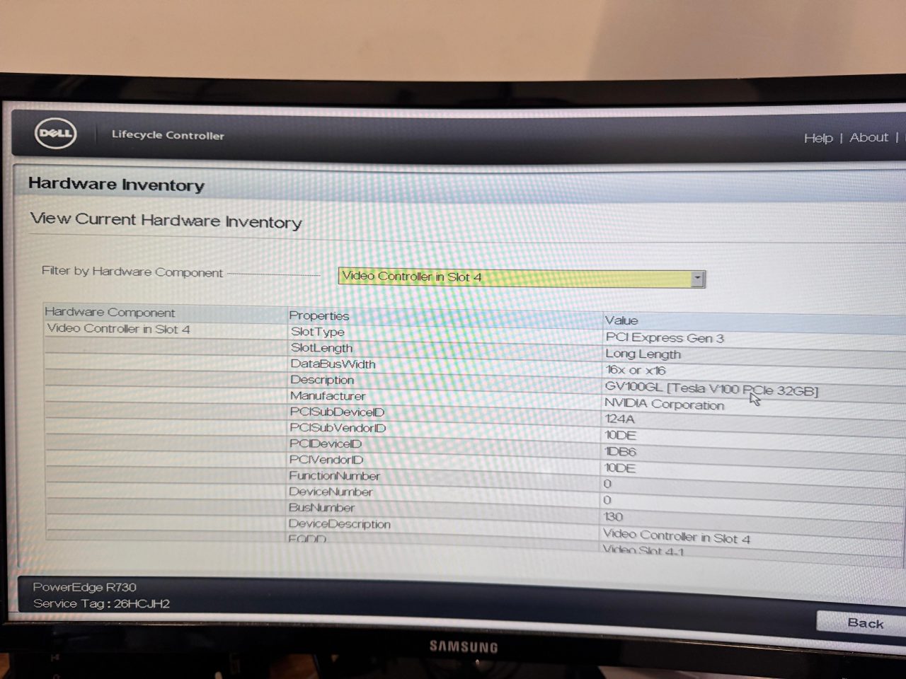 Dell lifecycle controller R730 showing V100